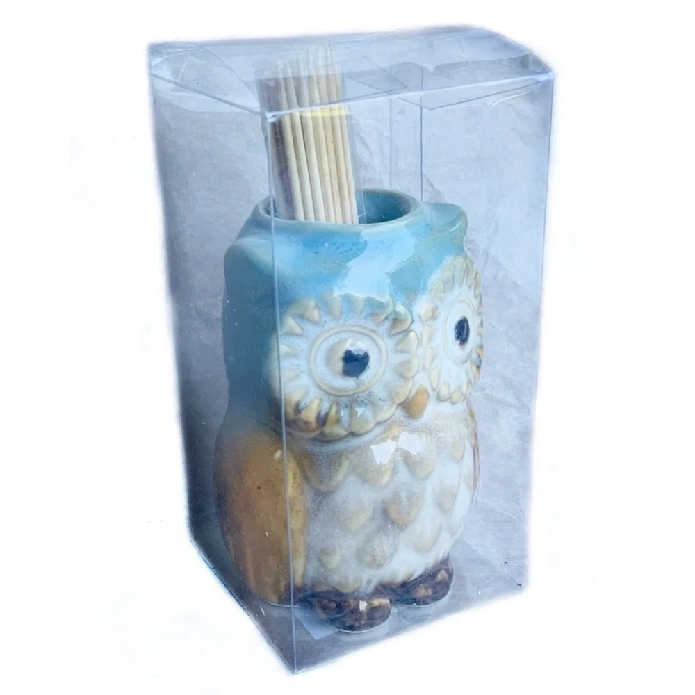 Kitchen Toothpick Holder Glazed Ceramic Owl Decor Blue White NEW